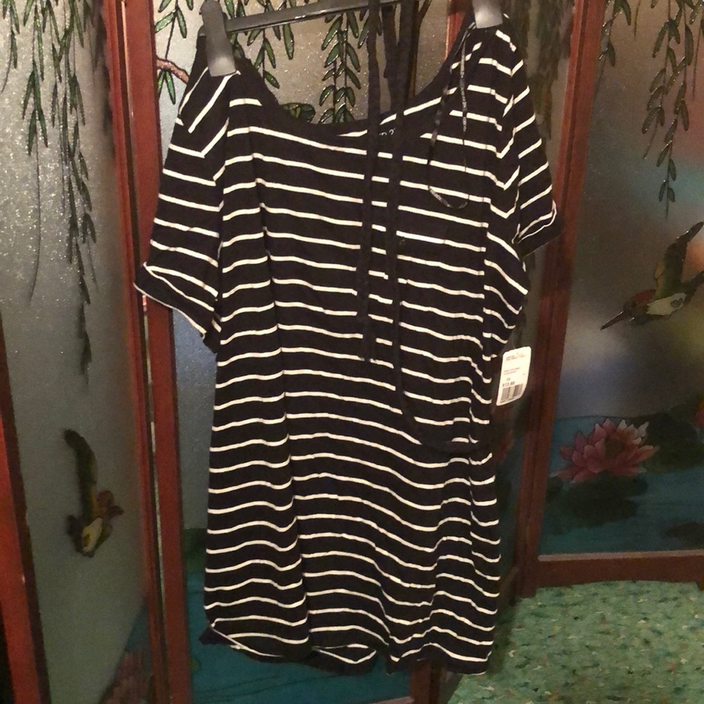 NEW black and white stripe belted shirt